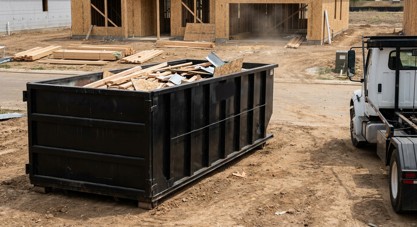 Matte-black 20-yard roll-off construction dumpster with heavy ribbed steel sidewalls and swing rear doors at a working jobsite in Des Moines, sitting directly on compacted dirt with an unmarked white hauler partially visible at the far edge of the frame.