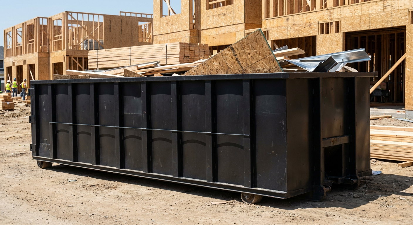 Matte-black 40-yard roll-off construction dumpster being lowered from a white-cab hooklift delivery truck onto the compacted-dirt jobsite at a commercial build site in Des Moines