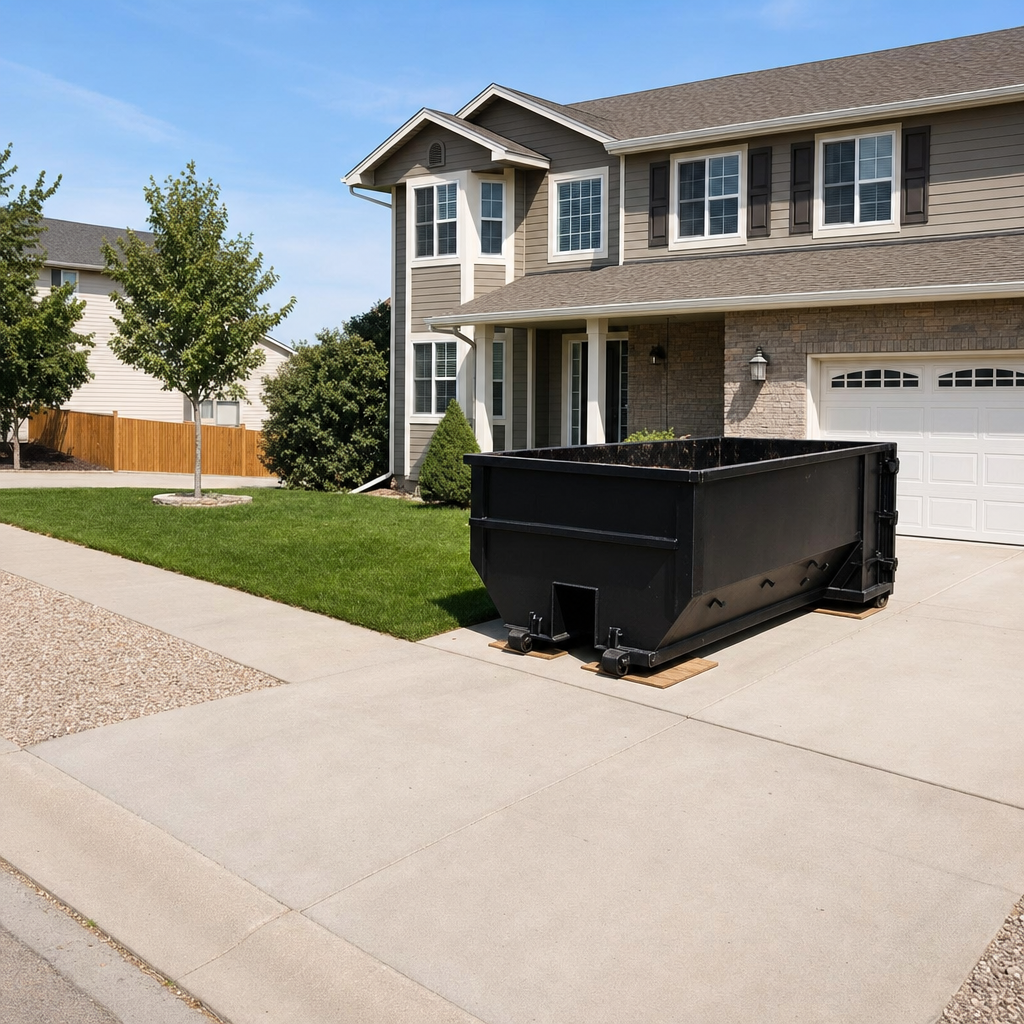 10-yard matte-black residential dumpster placed directly on a narrow Des Moines concrete driveway, room remains for a parked sedan beside it, mid-morning natural light