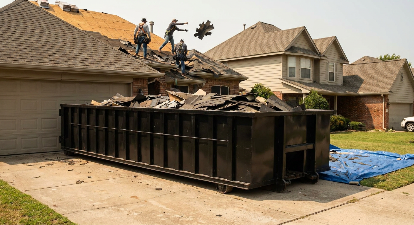 Matte-black roofing roll-off dumpster placed directly on a Des Moines residential concrete driveway, a tear-off crew on a two-story asphalt-shingle roof tossing shingle bundles into the low-walled container, bright daylight, documentary 35mm perspective.