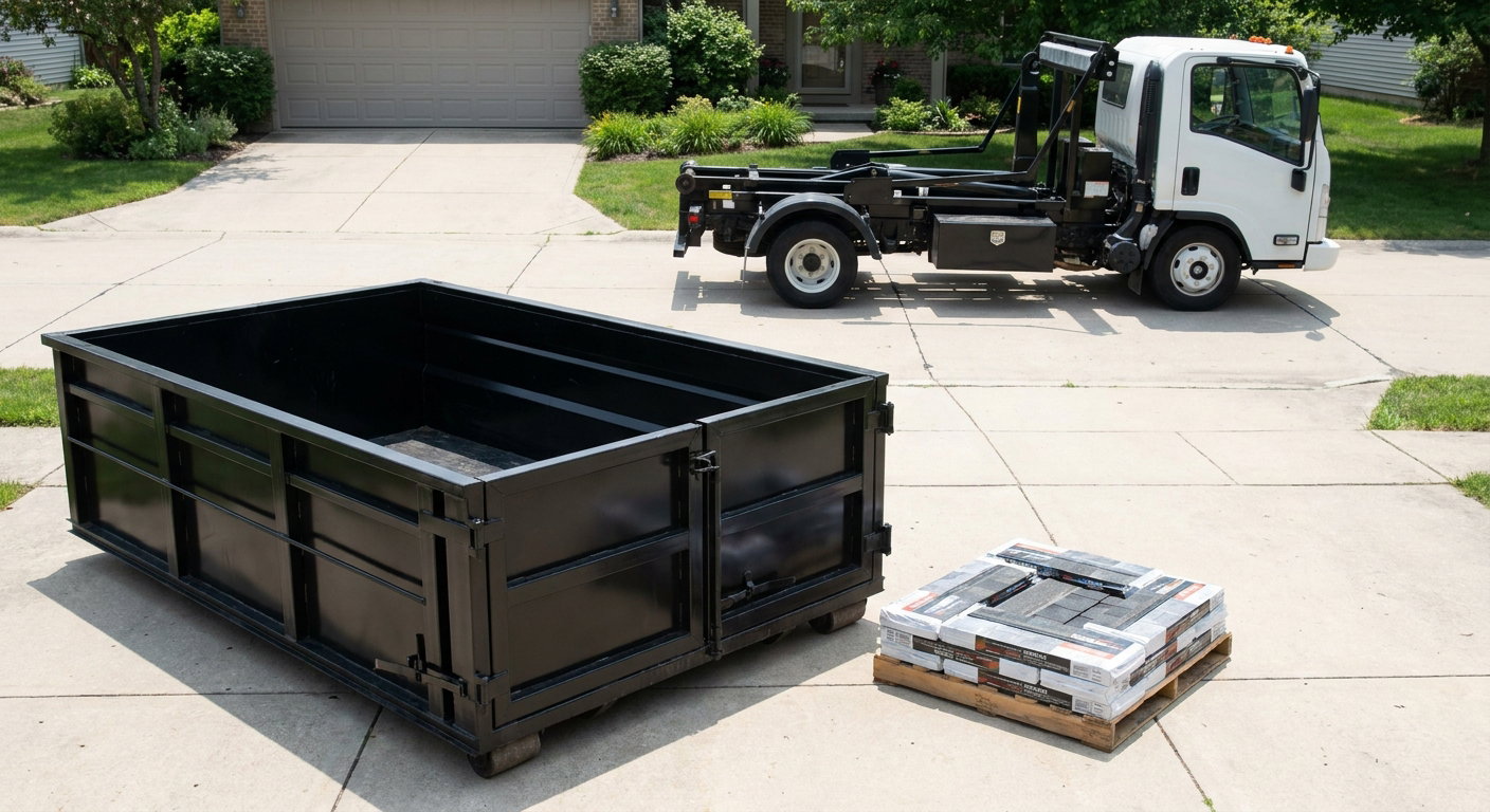 Matte-black 15-yard roofing roll-off dumpster with reinforced low side walls sitting directly on a Des Moines residential concrete driveway, three-tab asphalt shingle bundles stacked nearby, an unmarked white hauler truck partially visible at the edge of the frame.