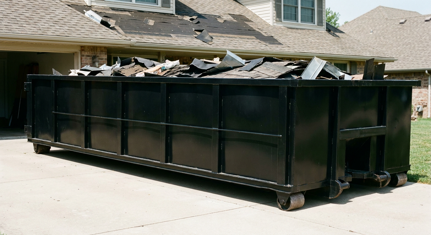 Matte-black 20-yard roofing roll-off dumpster with steel ribbed sides and swinging rear door, sitting directly on the concrete driveway of a two-story Des Moines home, asphalt shingle debris being loaded over the low wall, clean documentary lighting.