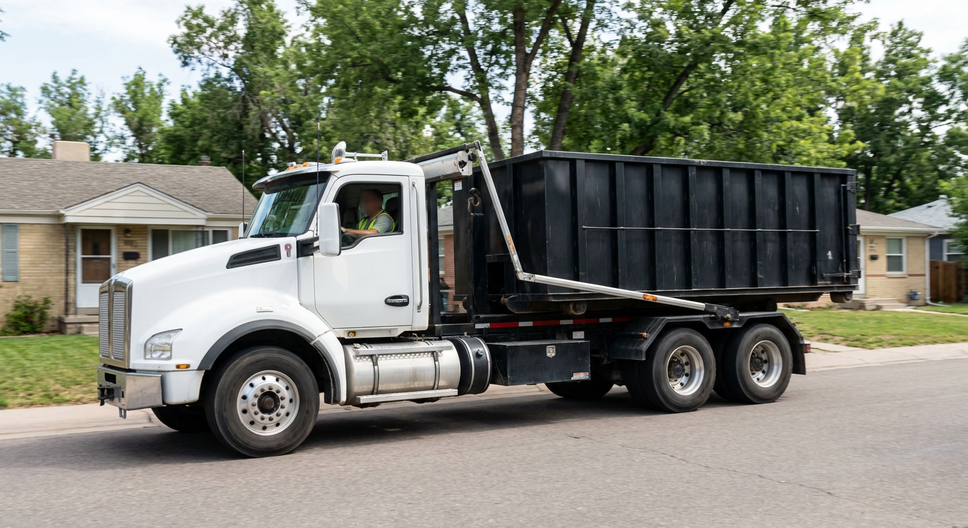 A wide documentary shot of a matte-black roll-off delivery truck pulling onto a quiet Des Moines residential street at mid-morning, with neighborhood rooftops and tree-lined blocks visible behind, showing the metro coverage footprint.