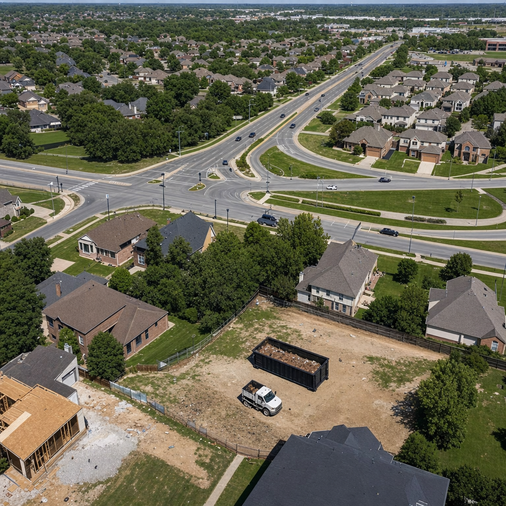 An overhead documentary view of the Des Moines metro area at midday, showing the spread of neighborhoods, arterial roads, and the dispatch radius from a central yard — clean daylight, organized geographic layout.