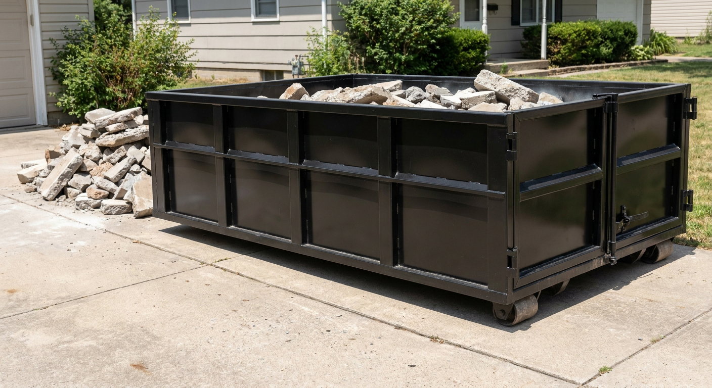 A matte-black low-side heavy-debris roll-off dumpster placed directly on a Des Moines concrete driveway, with broken concrete chunks neatly stacked beside it under clean daylight.